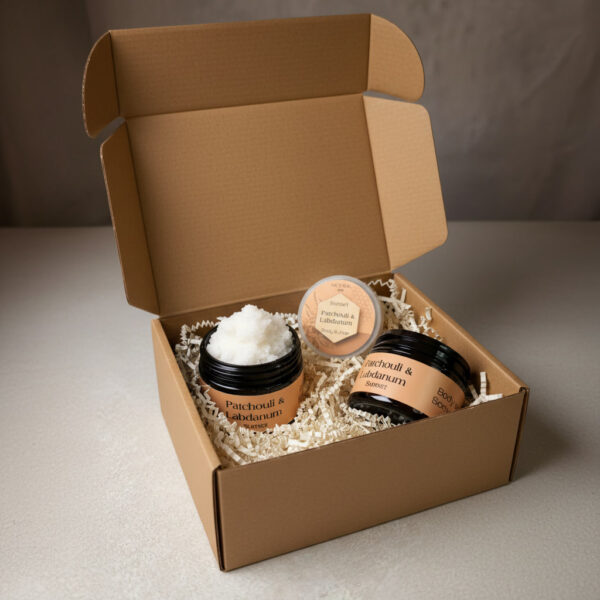 African Sunset Patchouli Labdanum Gift Box Set of Scrub & Butter
